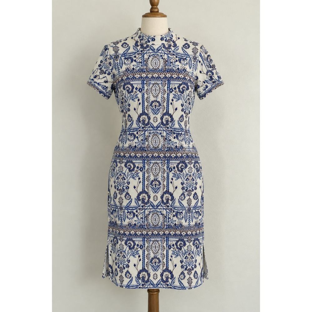 Anthropologie Shift Dress Womens MP Blue White Tile Mediterranean Coastal Boho